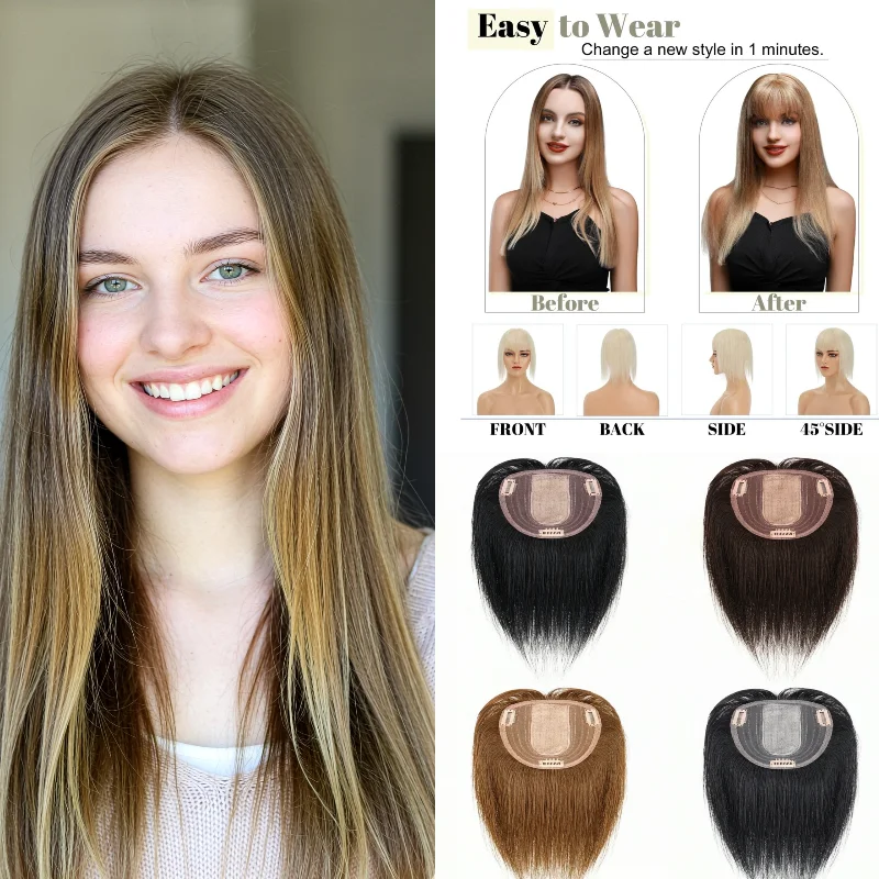 Human Remy Hair Women Topper 8x12cm 25cm With Bangs Straight Clip In Hair Extensions #60 P18-613 Casual Look   Wholesale