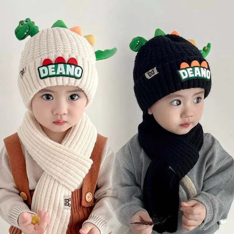 New Winter Cute Kids Fur Ball Knitted Beanies And Scarf 2pcs Set Baby Boy Girls Cartoon 3D Dinosaur Warm Hats Accessories