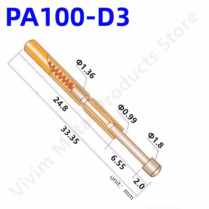 100PCS PA100-D3 Spring Test Probe PA100-D Test Pin P100-D P100-D3 Test Tool 33.35mm 1.36mm Needle Gold Tip Dia 1.80mm Pogo Pin