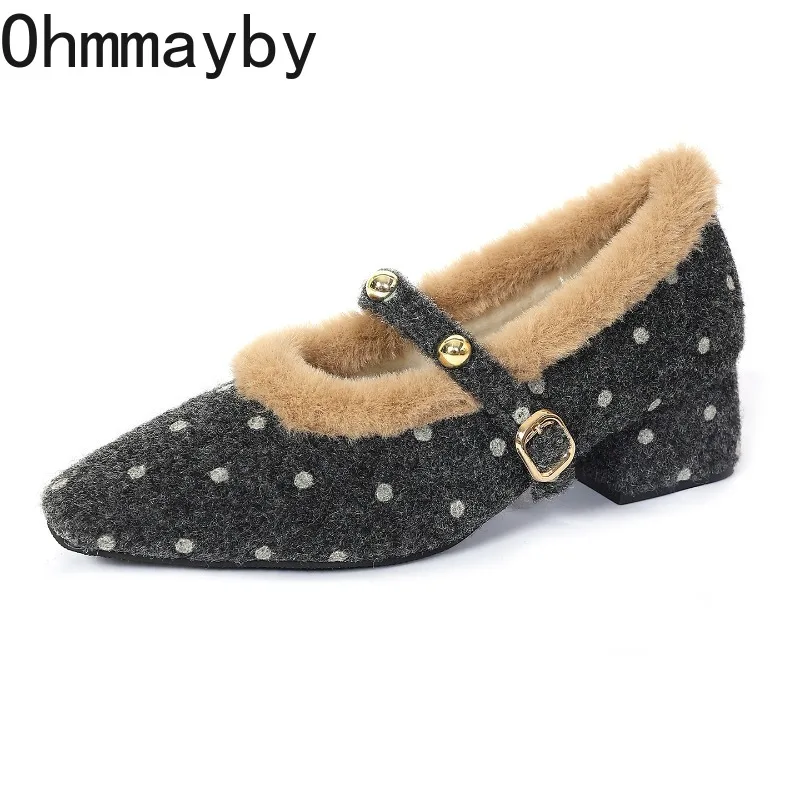 Vintage Womens Polka Dot Mary Jane Shoes Furry Square Toe Block Heel Autumn Winter Warm Plush Lined Dres Pumps - view 6