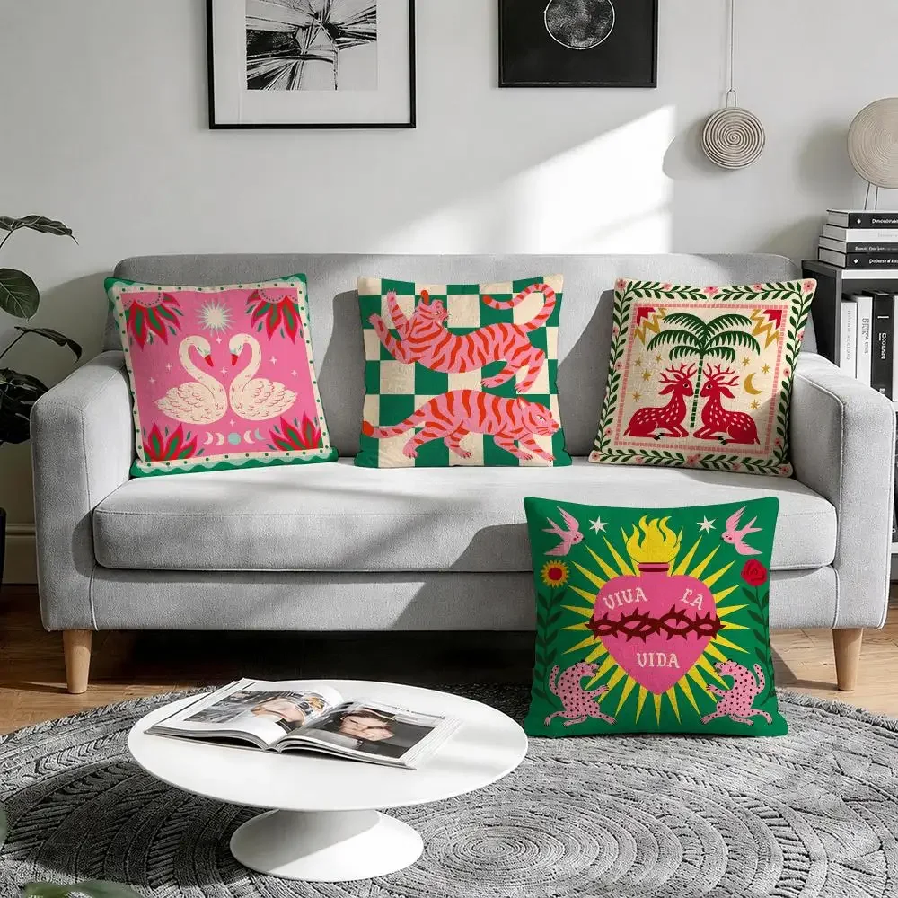 Green Pink  Animal art Cushion Cover Natural Breathable Durable Linen Printed Decor Pillow Case Sofa Bedroom