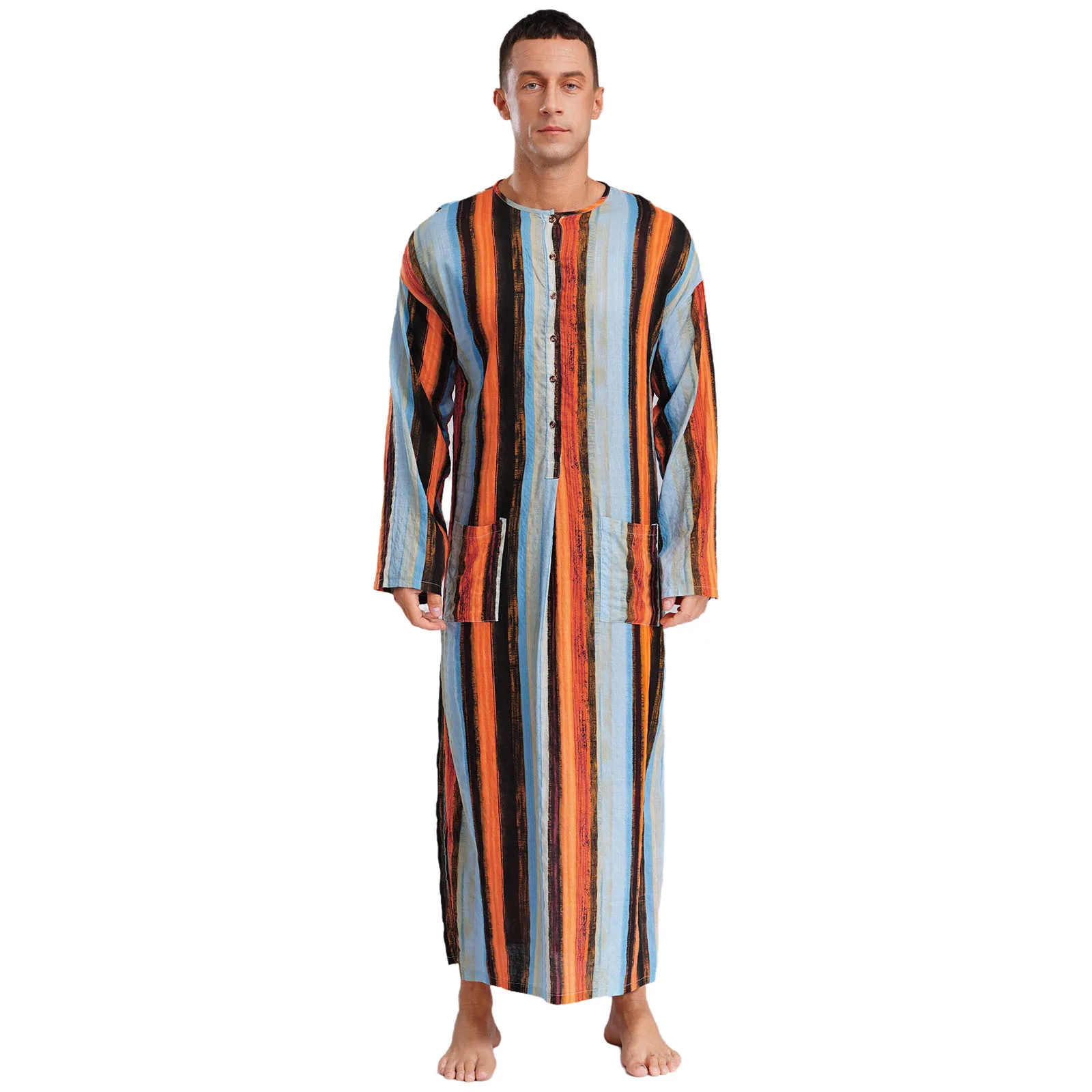 Men Islamic Muslim Thobe Round Neck Long Sleeve Stripe Long Gown Buttons Loose Gown Middle East Islam Arabic Thobe Shirt Dresses