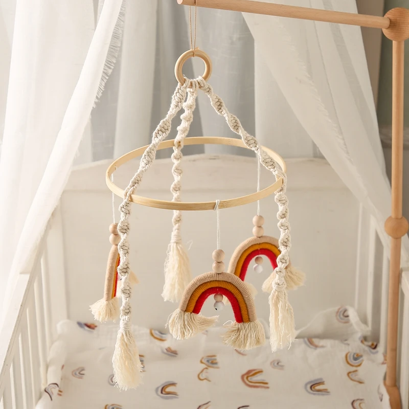 Macrame Rainbow Baby Mobile Boho Bracket Mobile Hanging Rattles Baby Toys Wooden Bed Bell Holder Arm Bracket for Babies Gift