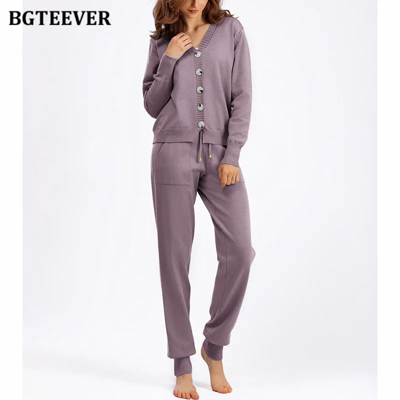BGTEEVER Autumn Winter Loose Female Knitted Sweater Set V-neck Single-breasted Cardigans Women Drawstring Harem Pants