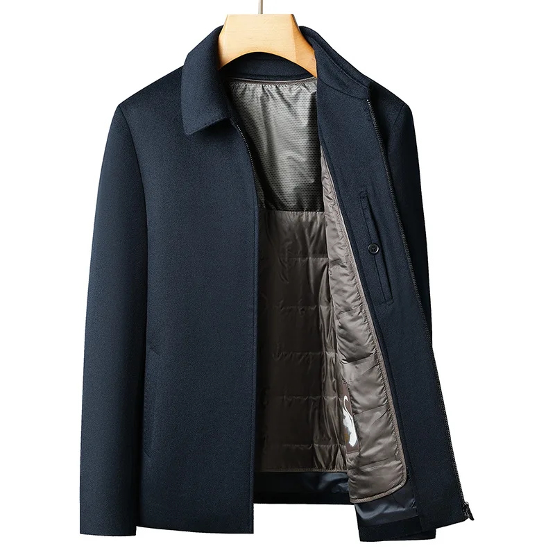 

Luxury Men's Wool Cashmere Woolen Turn-down Collar Business Goose Down Coat Men