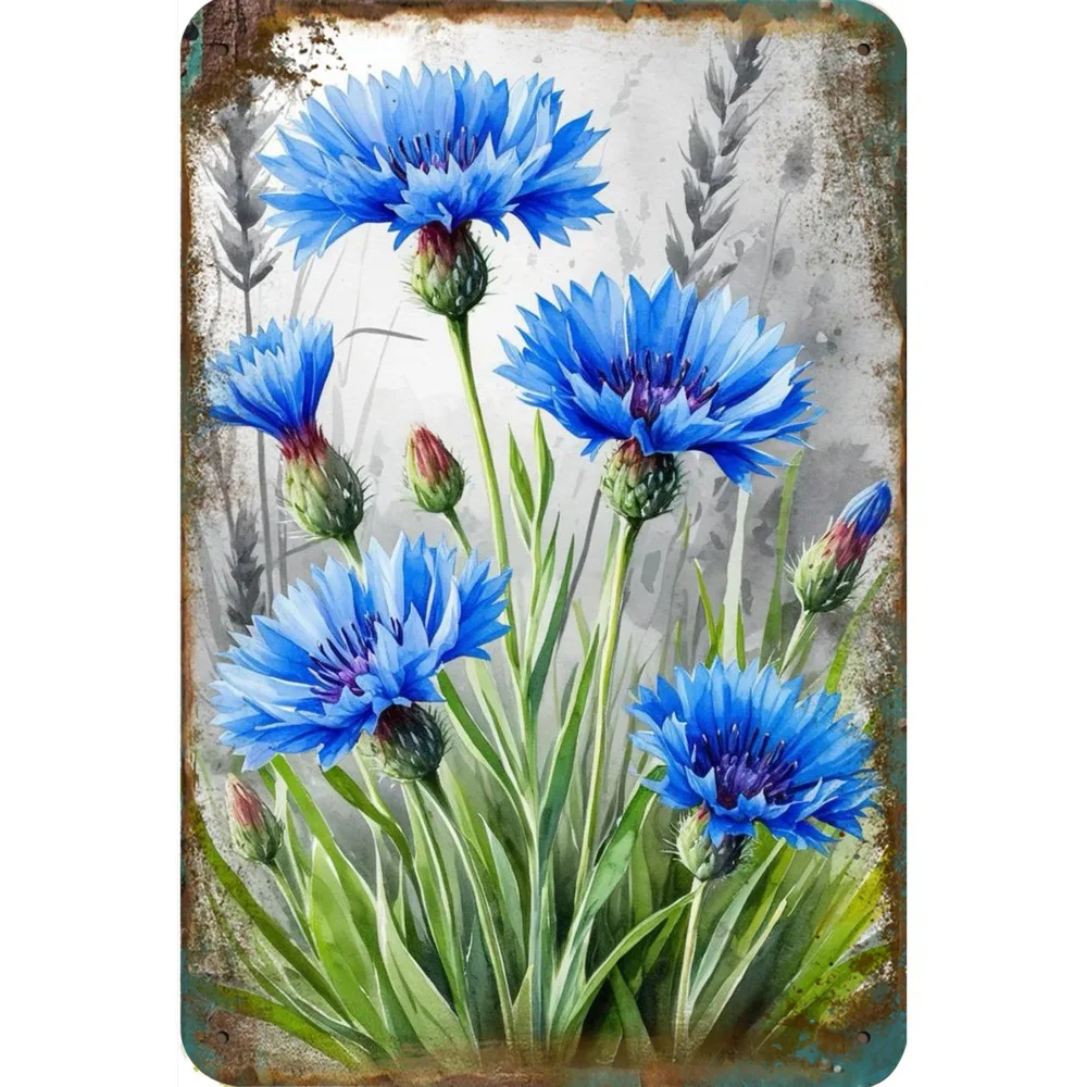 Vintage Blue Cornflowers Iron Metal Tin Sign 8x12inch Rustic Floral Wall Decor Plaque for Garage