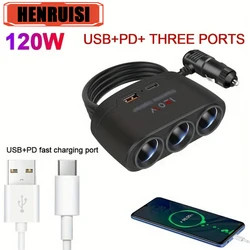 120W 3 in 1 USB PD Socket Car Cigarette Lighter Splitter 12V 24V Fast Charger Plug Phone Power Adapter For Car DVR GPS Dashcam