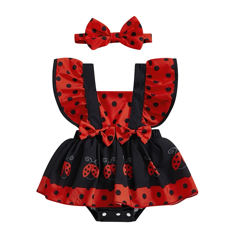 

Summer Baby Girl Clothes Ruffle Fly Sleeve Romper Dress Ladybug Print Playsuits with Headband Summer Outfit