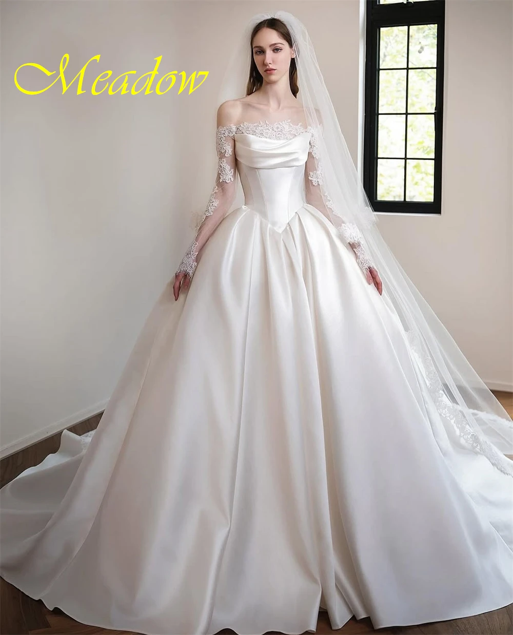 Мечтательное белое атласное свадебное платье по индивидуальному заказу, официальное свадебное платье с вырезом лодочкой и длинными рукавами, мягкое трапециевидное платье со шлейфом, Vestido De Novia