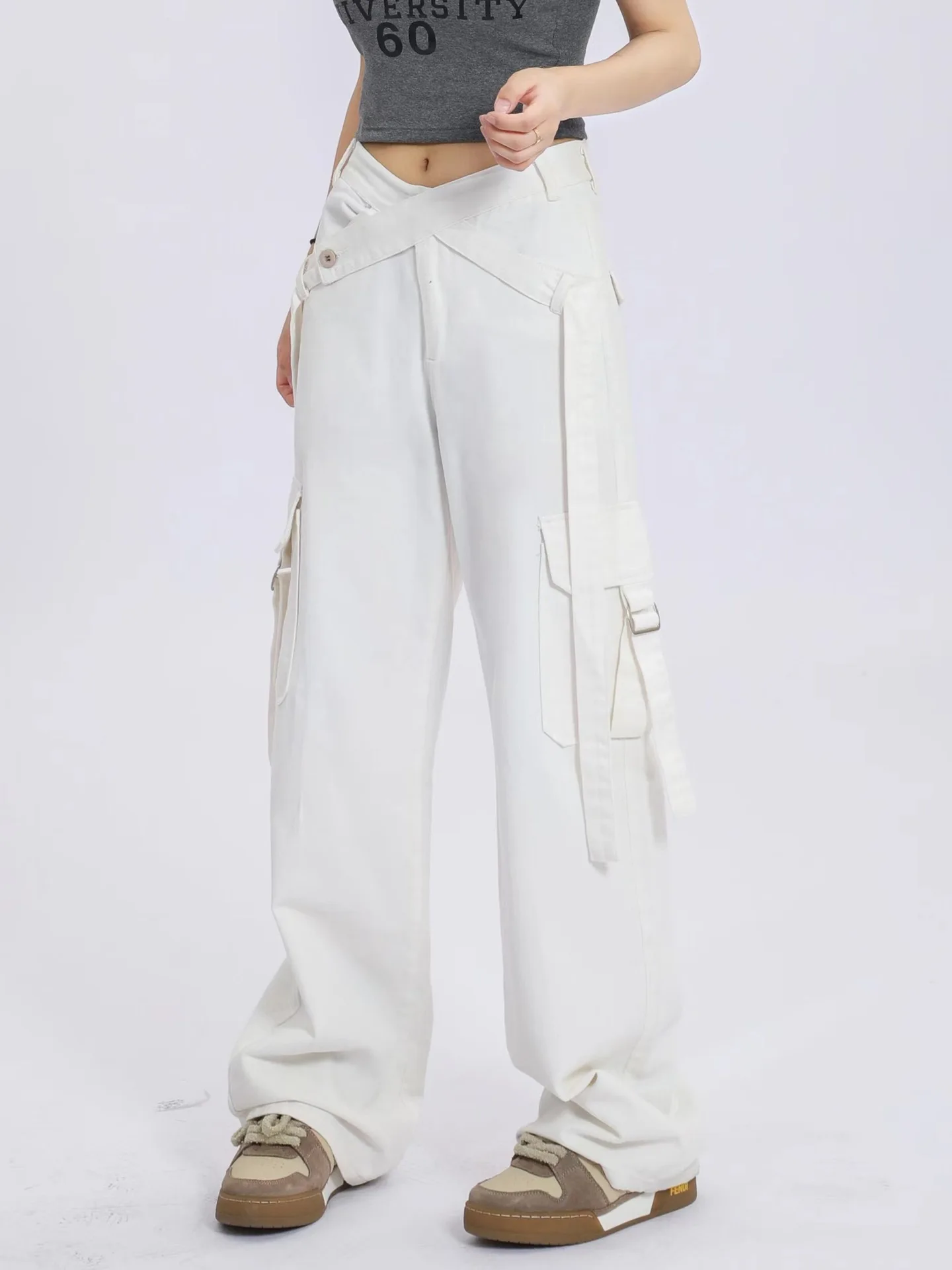 American design sense of high street retro streamer V waist head overalls women loose wide leg mop casual pants summer