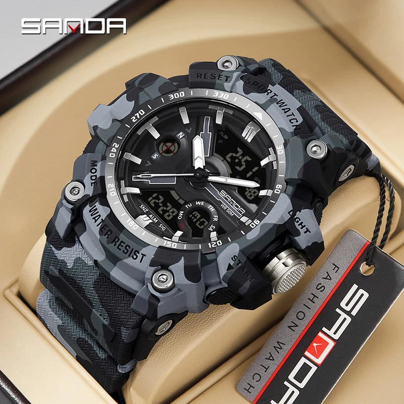 SANDA New G Style Men\'s LED Digital Watch Military Sports Dual Display Quartz Watch Waterproof Camouflage Army Men\'s Watch