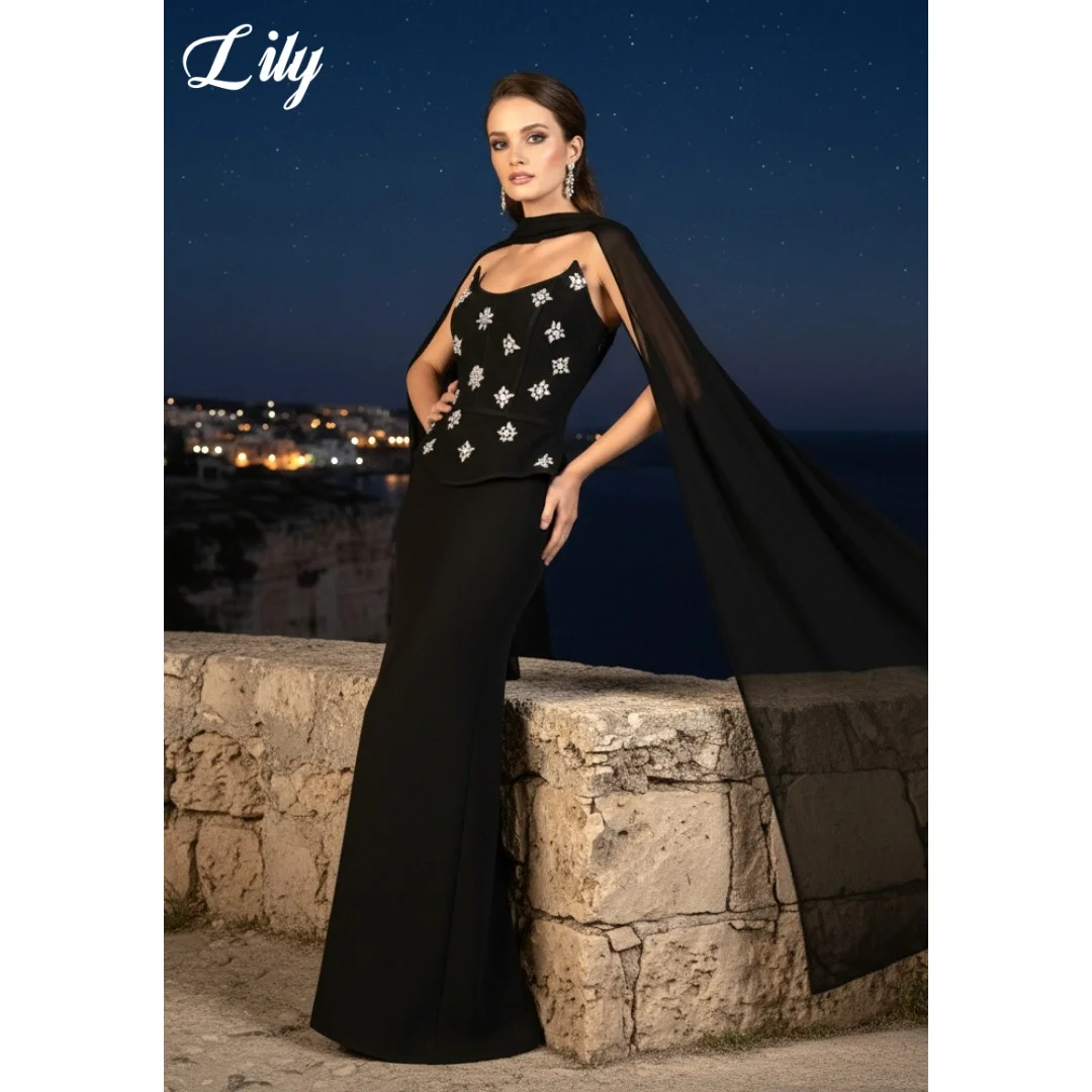 

Lily Black Satin Party Dresses Trumpet Split Evening Dress with Shawl Floor Length 3D-Flowers Prom Gowns for Women Customized