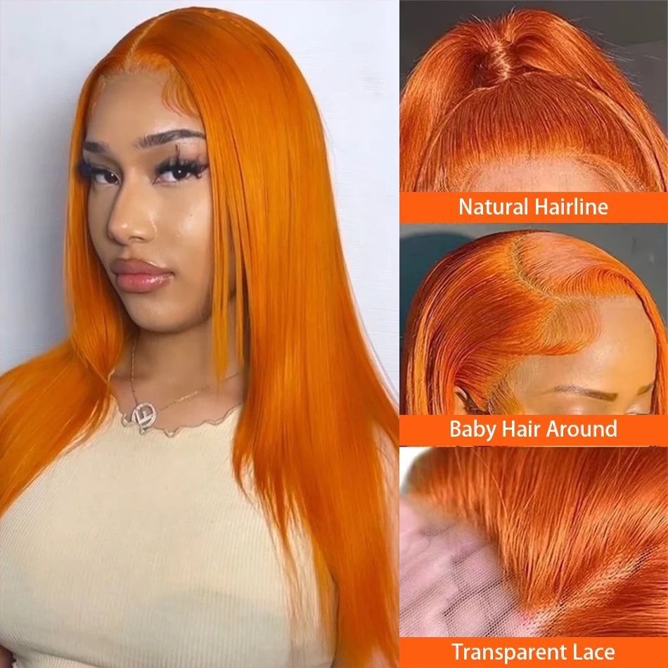 300% Плотность 13x4 Прямые HD Парики Фронта Шнурка Рыжий Оранжевый Бразильский Предварительно Сорванный Для Женщин 4x4 Парик Фронта Шнурка Человеческих Волос