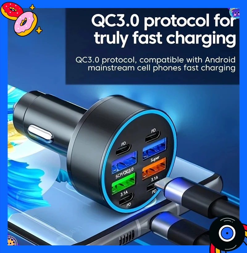 شاحن هاتف محمول للسيارة 8 في 1 مع QC3.0 شحن سريع PD + USB مؤشر LED مزدوج الإخراج مدمج ومحمول مناسب للسيارات #1