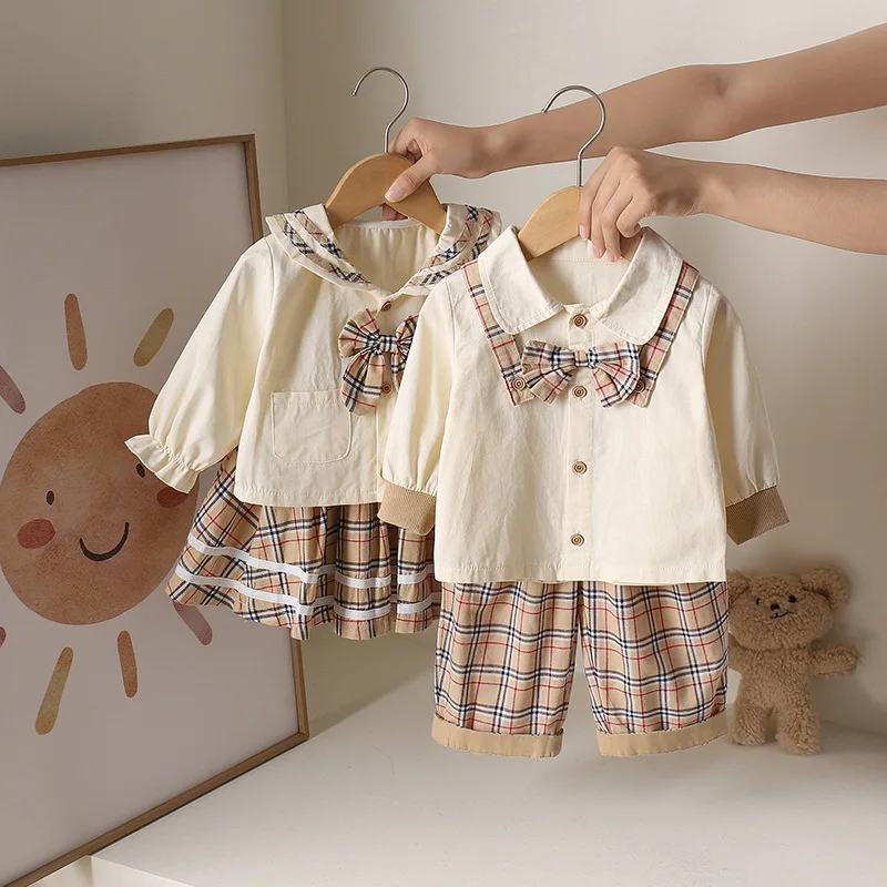Girls' and Boy Suit College Style Spring and Autumn New Pure Cotton Children's Korean Shirt Skirt Two-piece Set