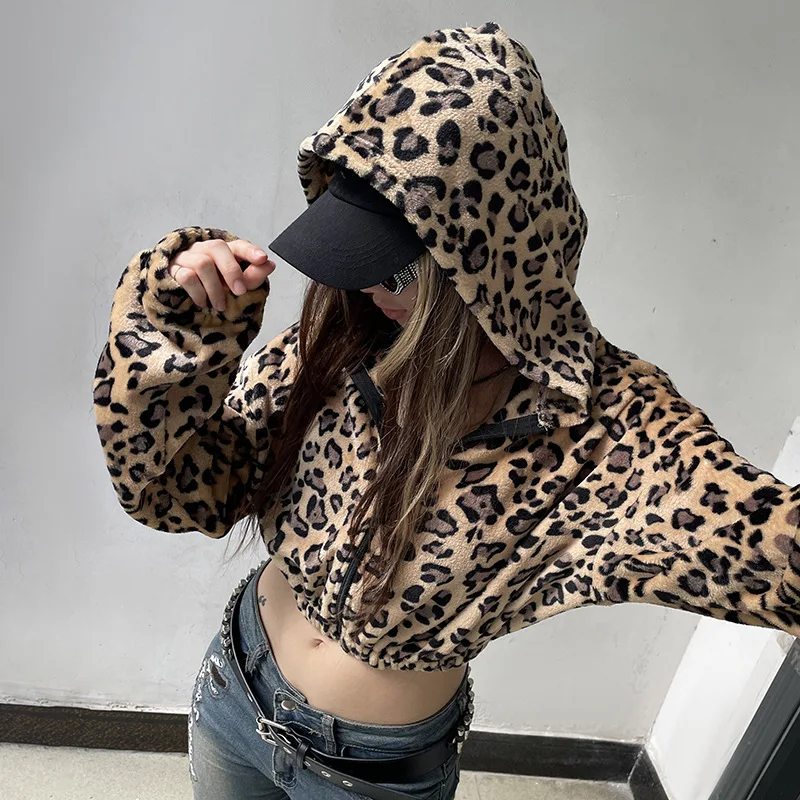 Autumn and Winter Leopard Print Warm Hooded Spicy Girl Personality Short Jacket