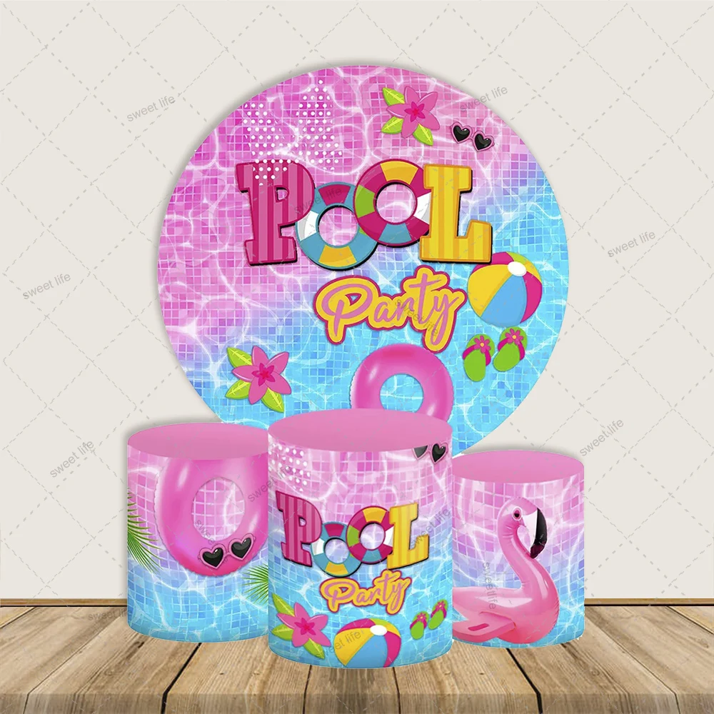 

Summer Pool Party Cylinder Plinth Covers Flamingo Swim Ring Birthday Party Photo Background Cylinder Cover