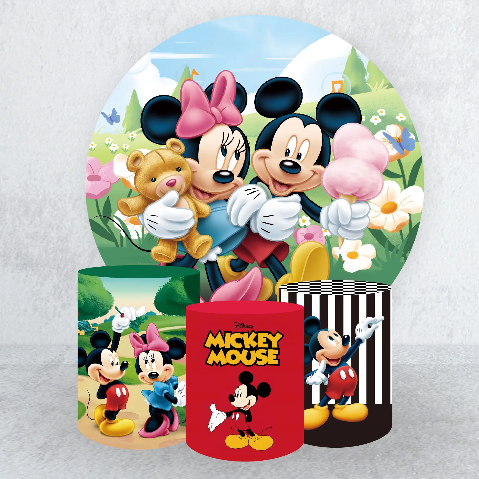 

Disney Round Backdrop Cover Mickey and Minnie Theme Cylindrical Cloth Cover for Kid's Birthday Party Background Decoration