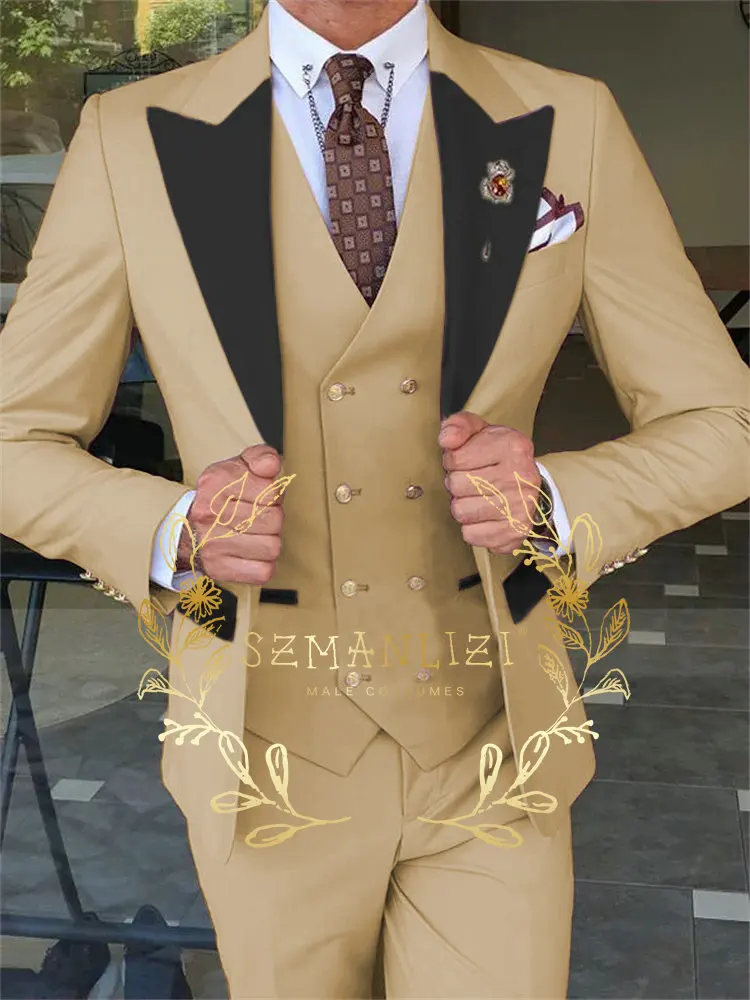 Conjunto de 3 piezas para hombre, esmoquin de un solo pecho, color Beige, con solapa de pico negro, Blazer de boda, 2024