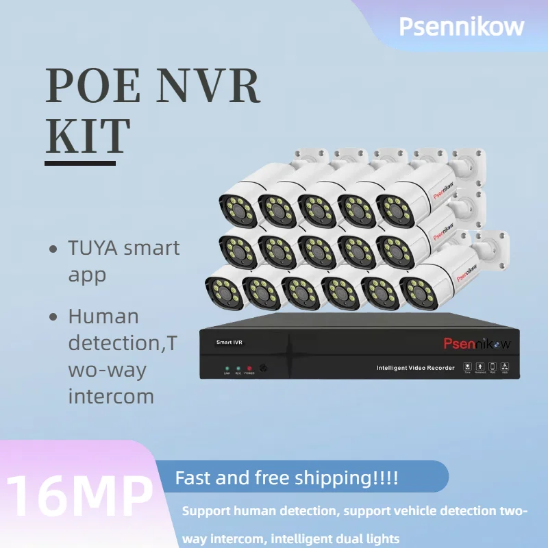 

Комплект Tuya NVR POE H.265 16CH 4K Система видеонаблюдения 8MP HD Открытая водонепроницаемая цветная ночная IP-камера видеонаблюдения