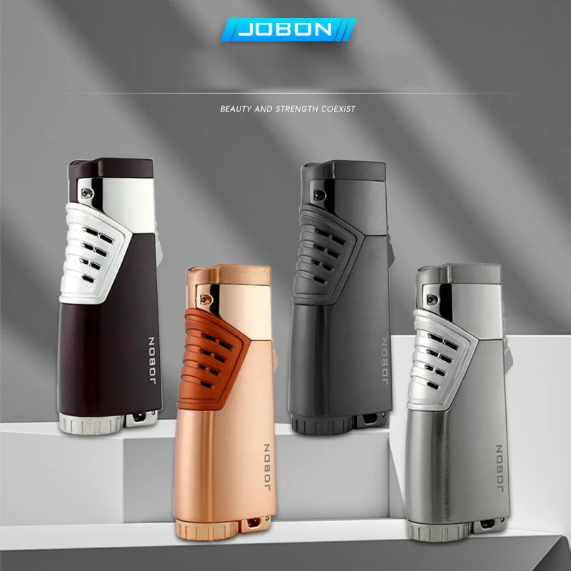 JOBON Triple Blue Flame Cigar Lighter Hidden Cigar Cutter Design Adjustable Flame Size Windproof Ignition Tool