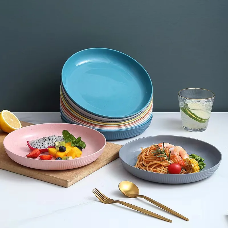 

23cm PP Dinner Plate Stackable Unbreakable Wheat Straw Salad Dessert Dish Microwave Safe Fruit Serving Tray For Dining