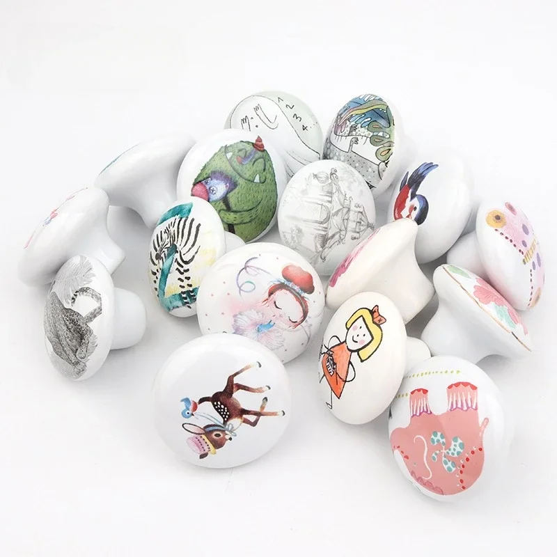 Cartoon Printed Hand-painted Ceramic Cute Drawer Handles, Cabinet Doors, Tatami Hidden Grid Handles