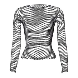 Men's Elastic Long-Sleeved Sexy Leaky Hip T-Shirts Hollow Out Mesh Tops Summer Fashion Man O-neck T-shirt Clubwear