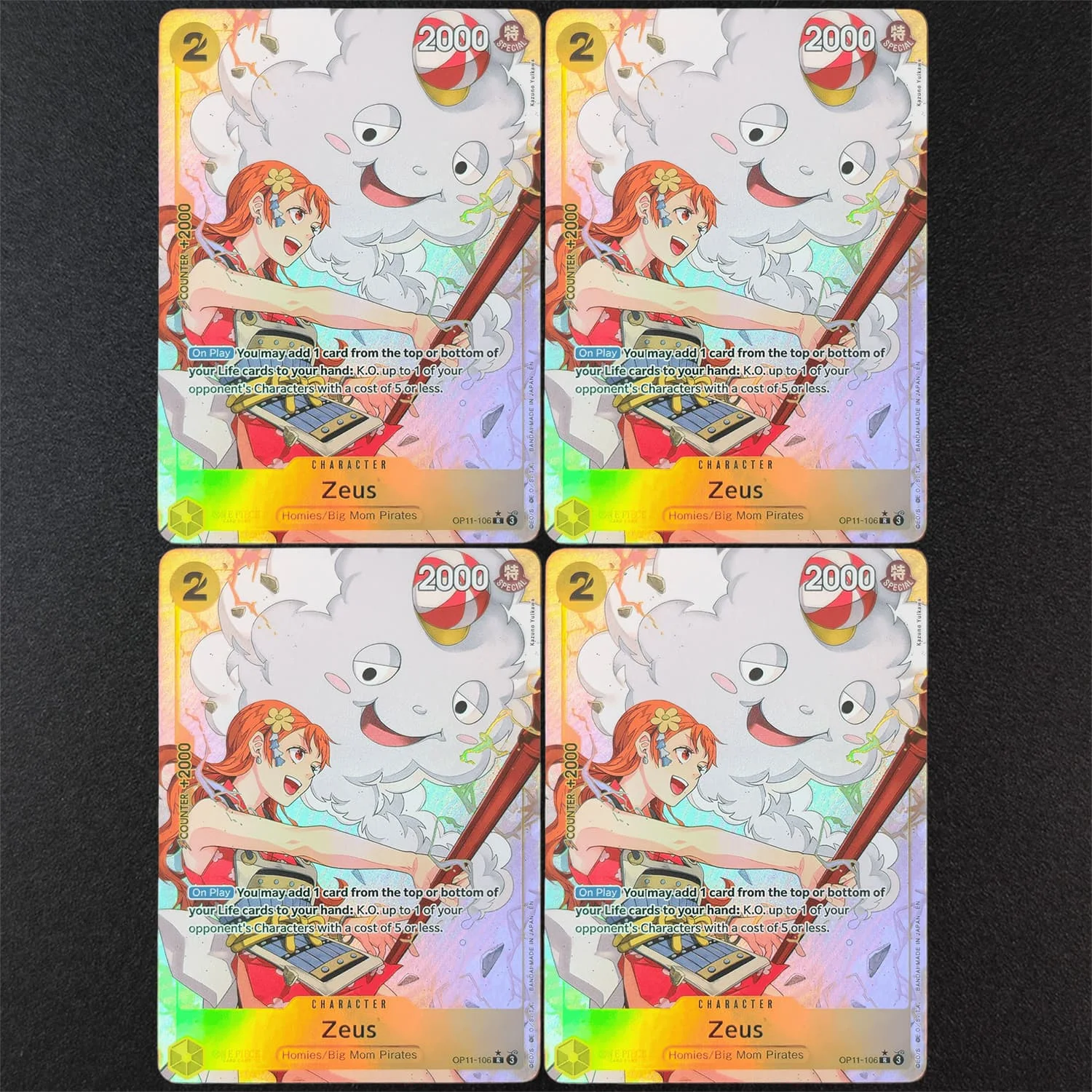 Selbstgemachter Proxy One Piece Englisch OP11-106 Zeus Alternate Art SP R Charakter Gelbe Spielkarte Sammlerstück