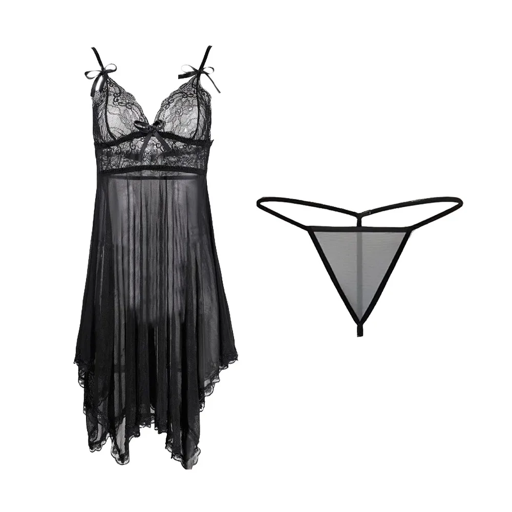 

Fashion Nightgown Sexy Clothing Lace Skirt Mesh Slim Fit Bow Deep V Lace Skirt Transparent Nightdress Sexy Lingerie Dress Home