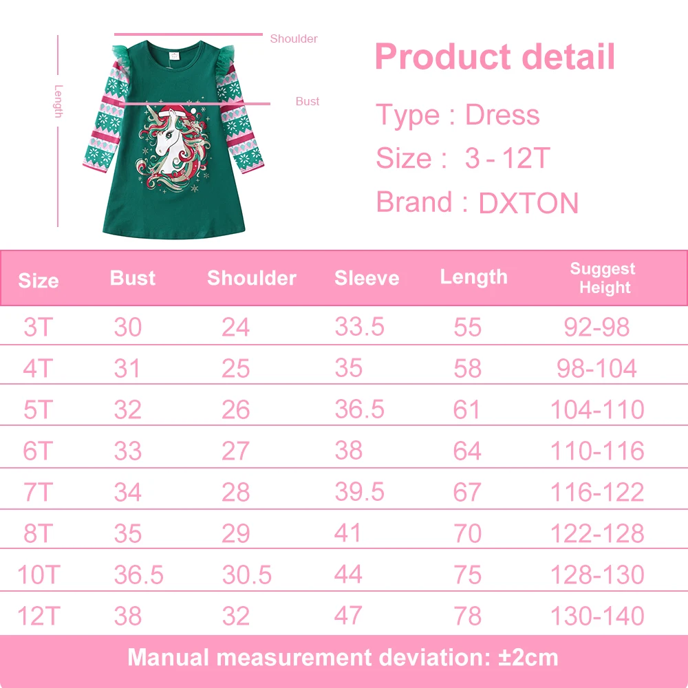 DXTON الأطفال هدية السنة الجديدة ندفة الثلج الكرتون عيد الميلاد الفتيات الملابس الشتوية مستقيم يونيكورن شريط الاطفال الفتيات فساتين عيد الميلاد