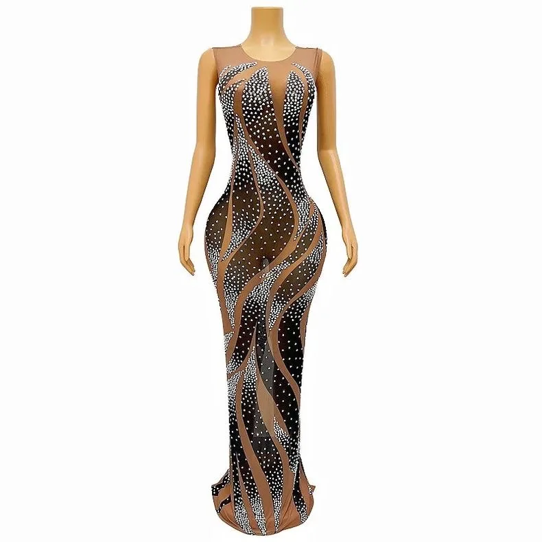 

Printing Diamonds Elegance Temperament Sleeveless Sheath Dress Evening Party Performance Costume Bar Nightclub Singer Stage Wear