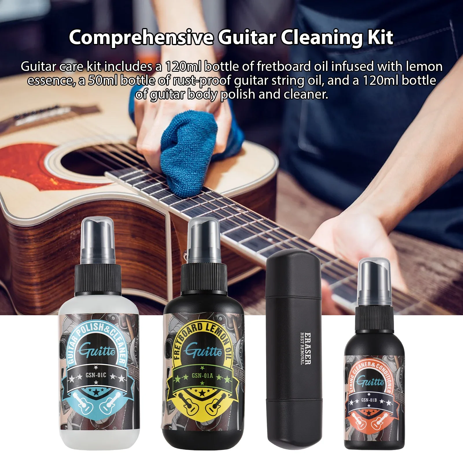 Guitar Cleaning Care Kit 120ml Fretboard Lemon Oil 50ml Anti-rust Care Oil 120ml Cleaning and Polishing String Eraser Set