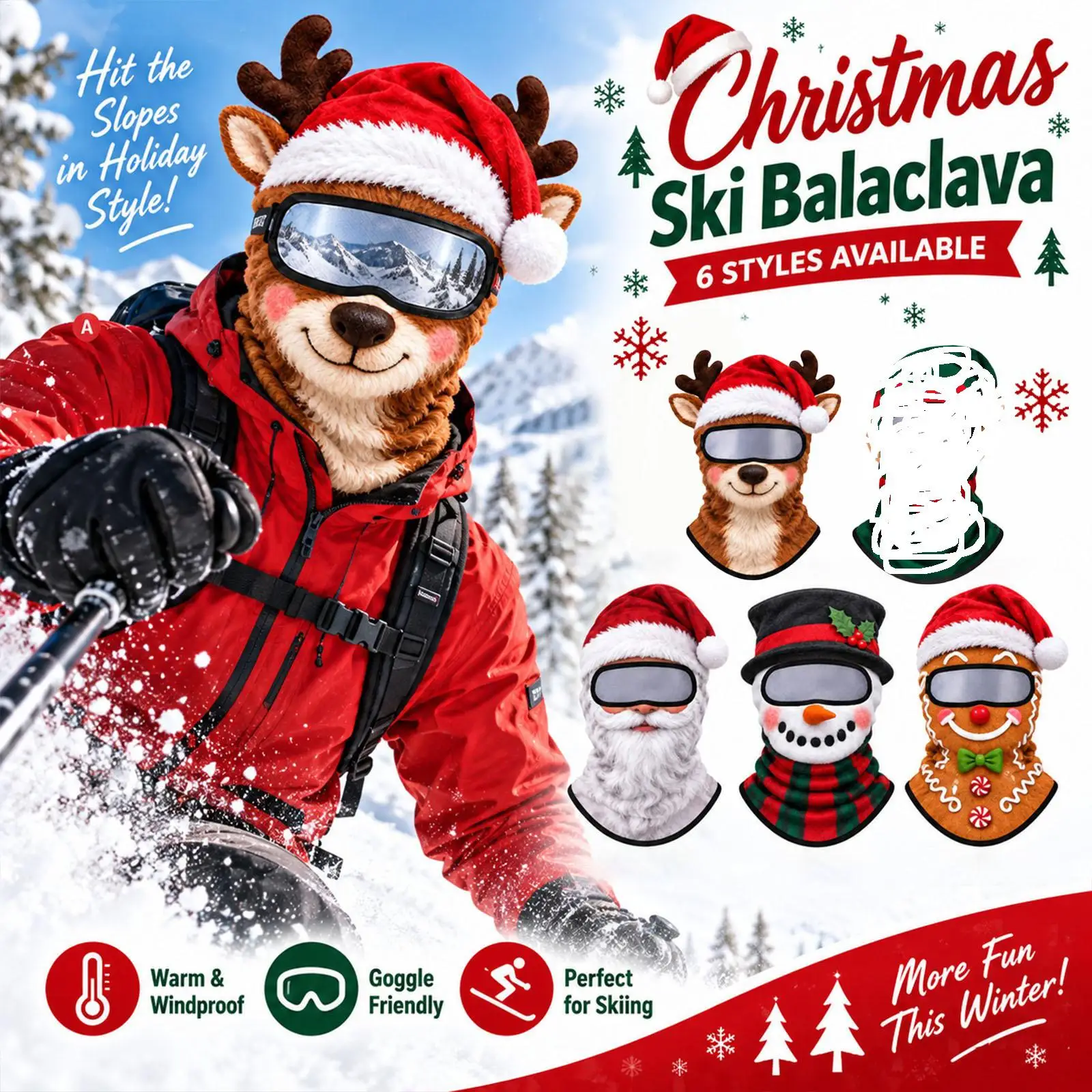 Winter Masque Cute Christmas Theme Windproof Thermal Headwear Ski Masque Men For Snowboarding Sports Holiday Parties Men Women