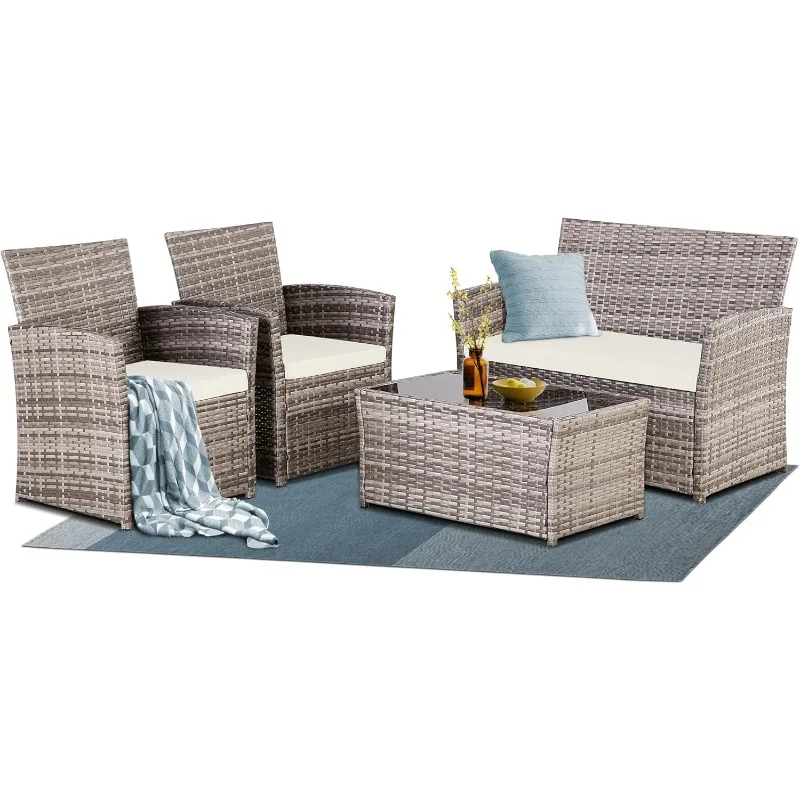 4 Piece Outdoor Furniture Set, Patio Wicker Sectional Sofa with Tempered Glass Coffee Table and Cushions