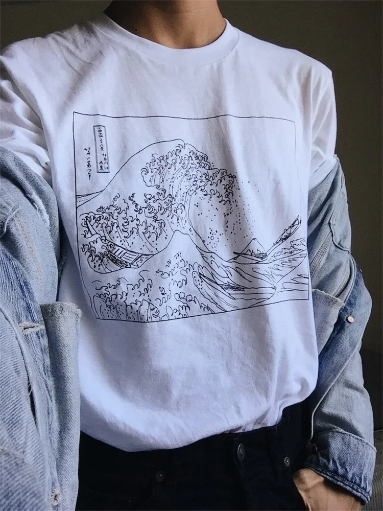 Unisex Vintage Fashoin Hokusai Wave Outline T-Shirt Short Sleeve Cotton Women Tshirt Tumblr Grunge White Graphic Tee Cute Tops