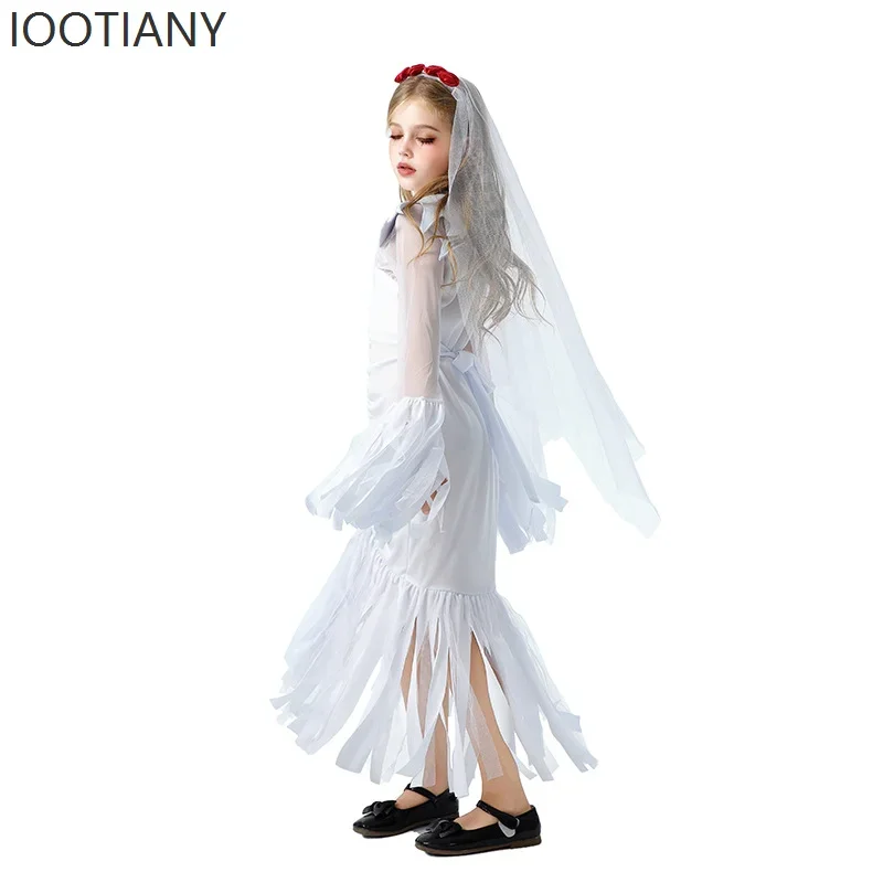 CosplayHalloween الأطفال زي شبح العروس الساحرة زي تأثيري مضحك فستان أبيض كرنفال حفلة فتاة مرحلة الأداء Co