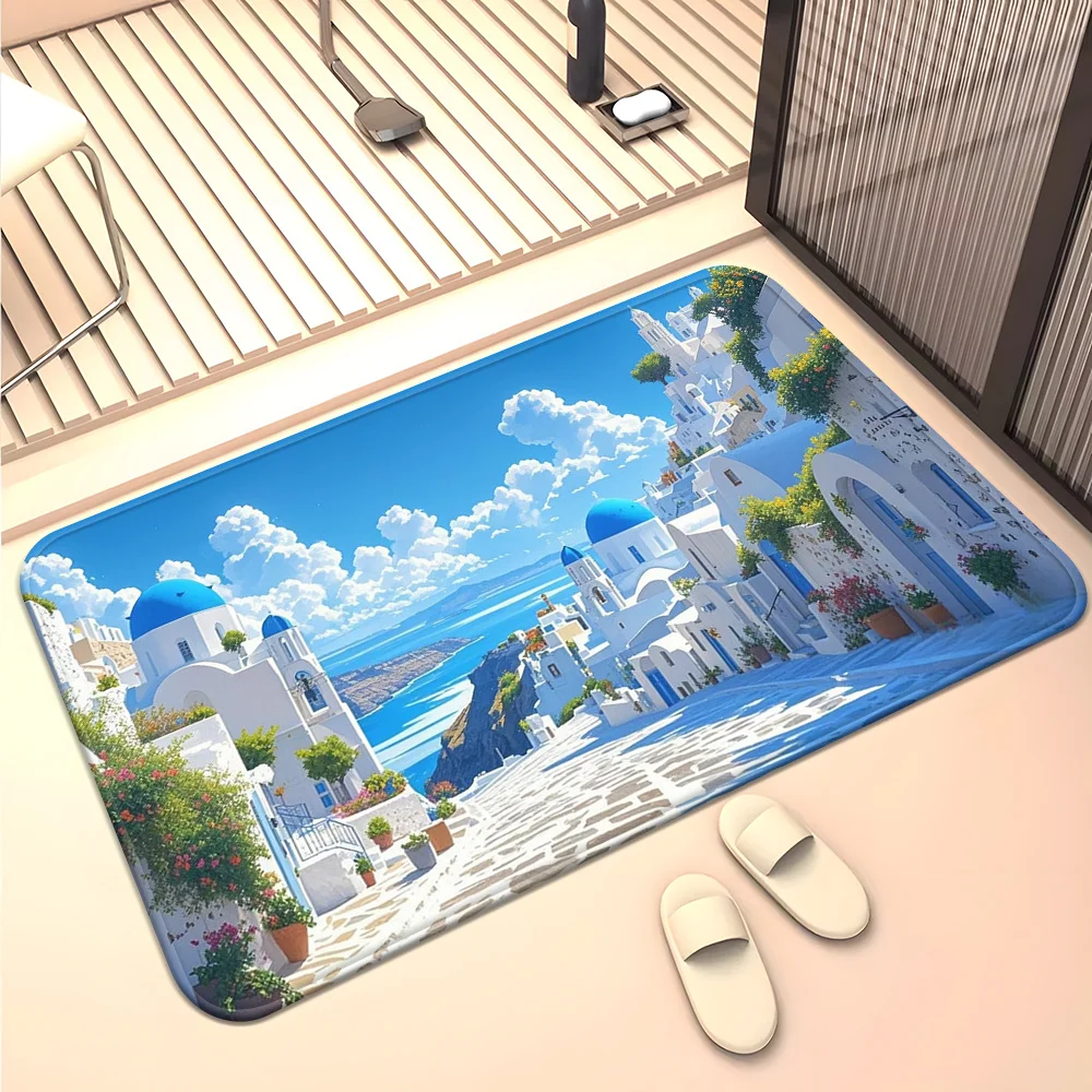 3D Santorini Rug Flannel Soft Kids Carpet Greece Print Bedroom Kitchen Floor Mat Anti Slip