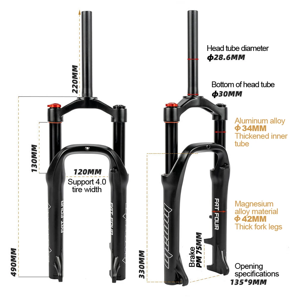 20 Inch Snow Bike Front Fork Beach Bike Shock Absorption Oil Spring Front Fork Aluminum Magnesium Alloy Wide Tire 4.0 135mm