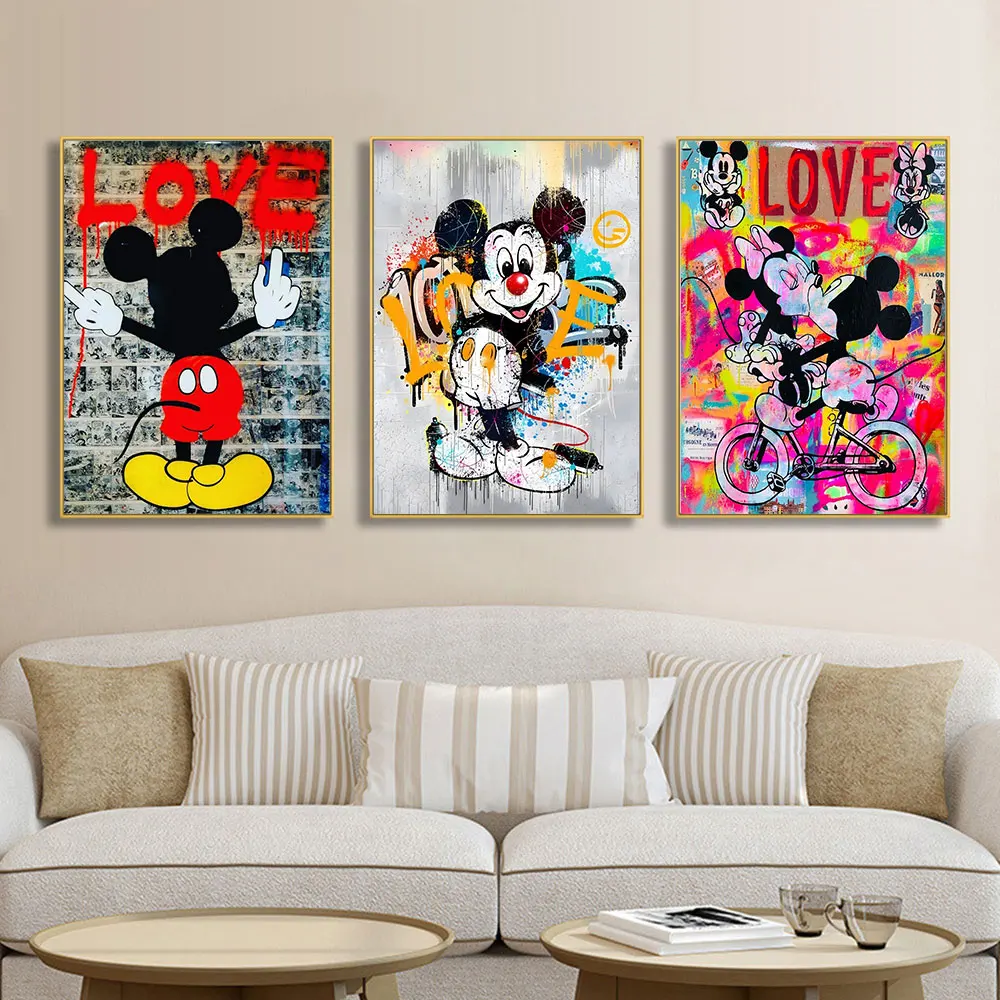 Classic Disney Cartoon Characters Mickey And Minnie  Love Wall Art Colorful Canvas Poser Decor Modern Living Room Study Room