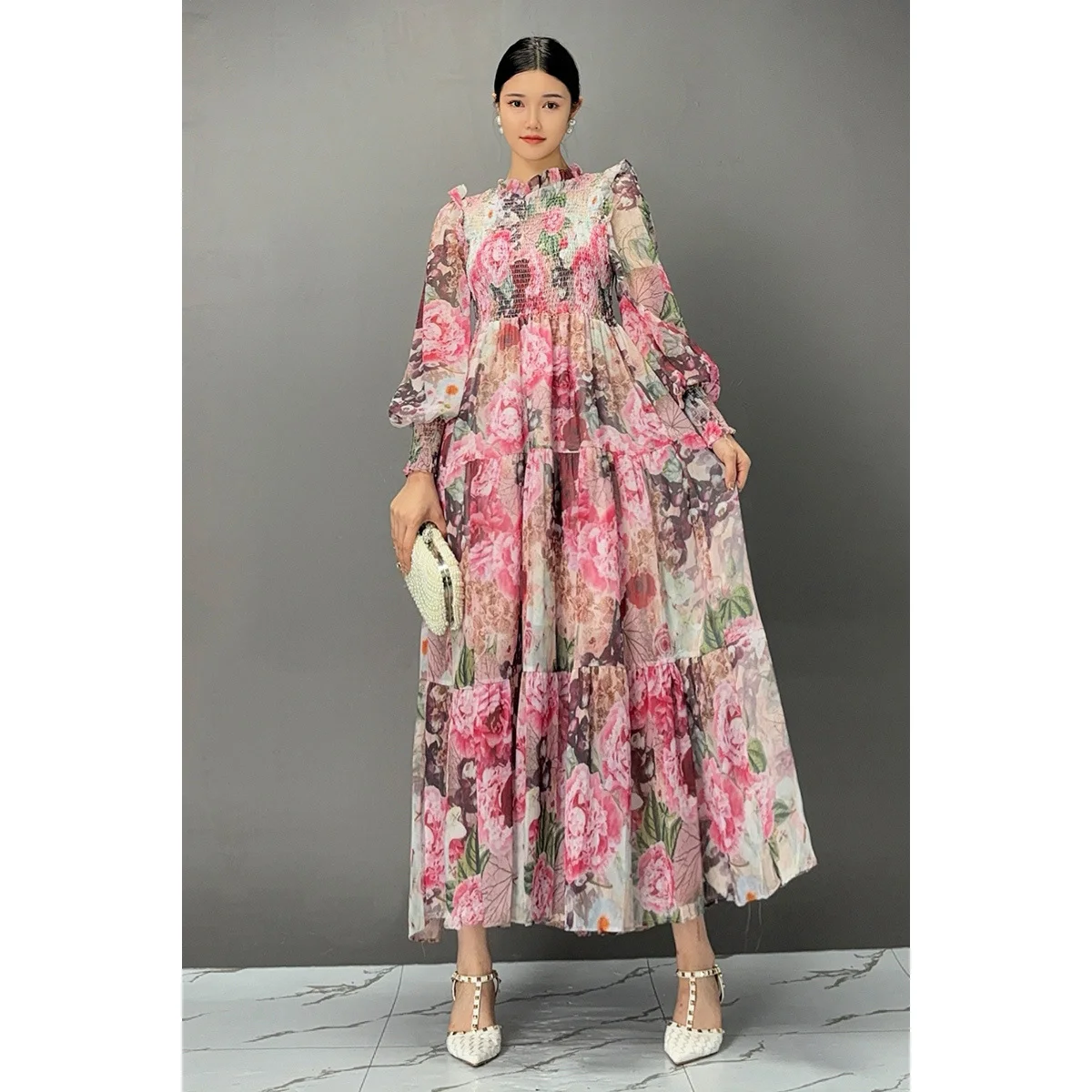 Vefadisa 2024 Autumn New Pink Floral Women Dresses Stand Collar Long Sleeve Swing Dress Casual Fashion Elegant Dress ZXY998A