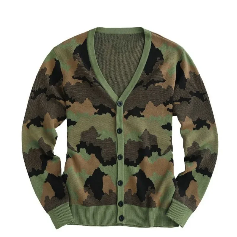 Single Breasted Cotton Camouflage Sweater V-neck Knitted Cardigan Spring Autumn Casual British Style Thin Coats Plus Size 5XL