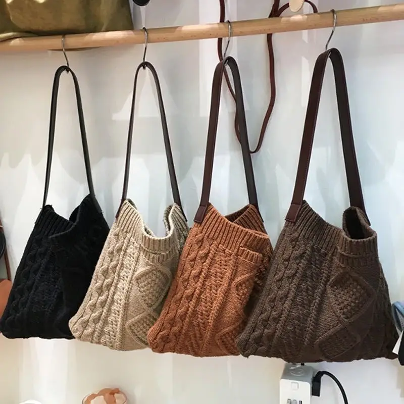 Female Woolen Knitted Braid Criss Cross Handbag Teenager Crochet Winter Korean Fashion Retro Chic Big Capacity Over Shoulder Bag