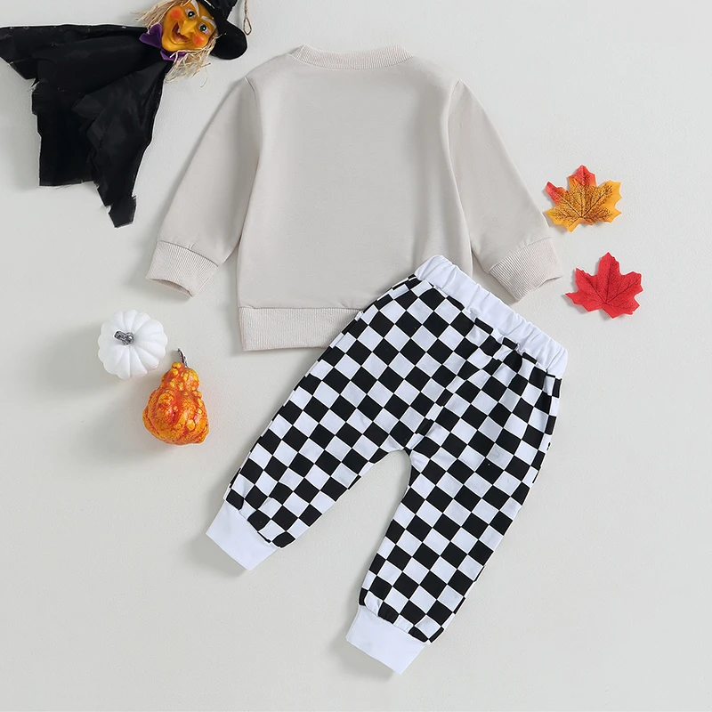 2023-06-12 Lioraitiin 0-3Years Toddler Boy Girl 2Pcs Halloween Outfits Long Sleeve Cartoon Sweatshirt Checkerboard Pants Set