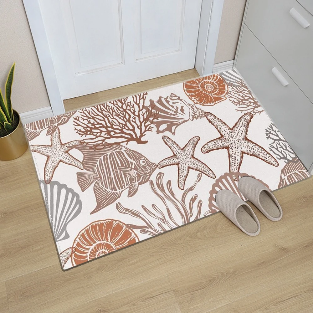 Marine Seashell Starfish Coral Welcome Mats Nautical Coastal Doormat Anti-Slip  Rug Bedroom Kitchen Bath Mat Polyester Carpet