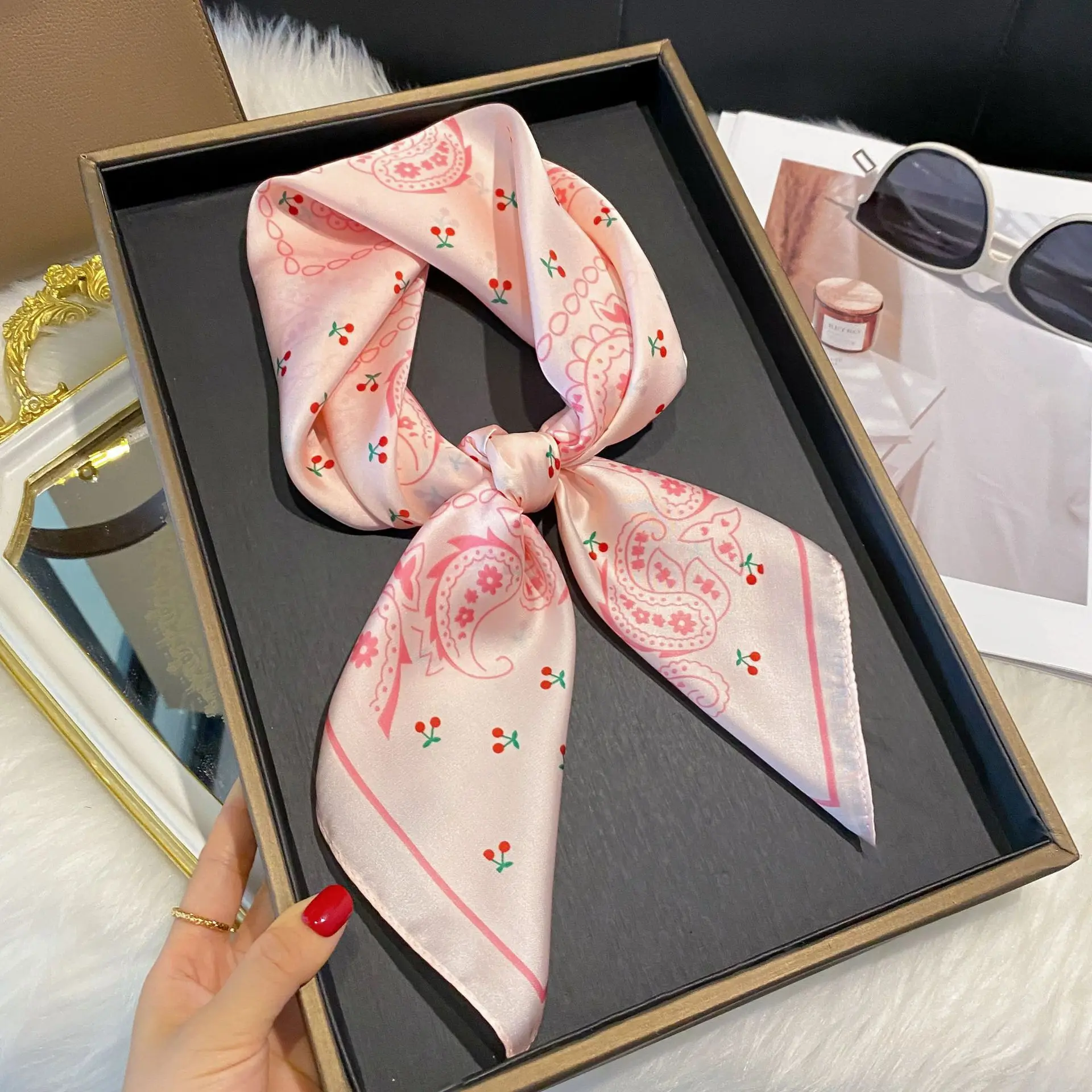 Luxury Brand 2025 Floral Print Square Silk Scarf for Women Hijab Hair Bands 70cm Neckerchief Female Satin Shawl Ribbon Headband image 5