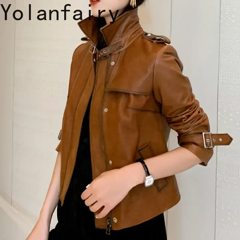 Real Genuine Leather Jacket Women Vintage Sheepskin Coat Short Slim Spring Autumn Motorcycle Biker Jacket Woman M7548 YY1793