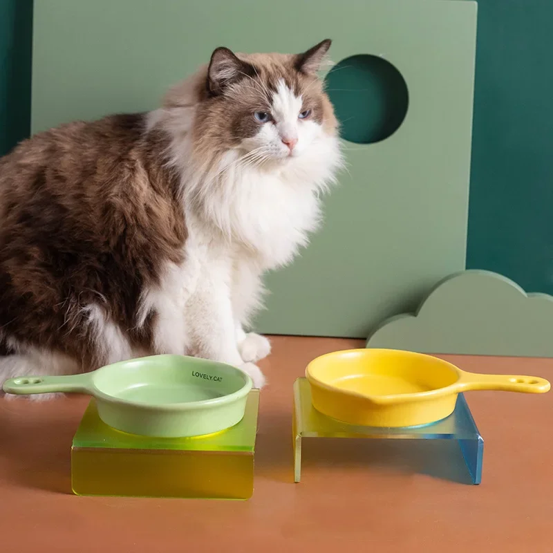 New Anti-Knock Food Bowl, Heavy Duty Ceramic Cat Bowl with Handle, Prevent Food Spilling, Ideal for Cats and Small Dogs