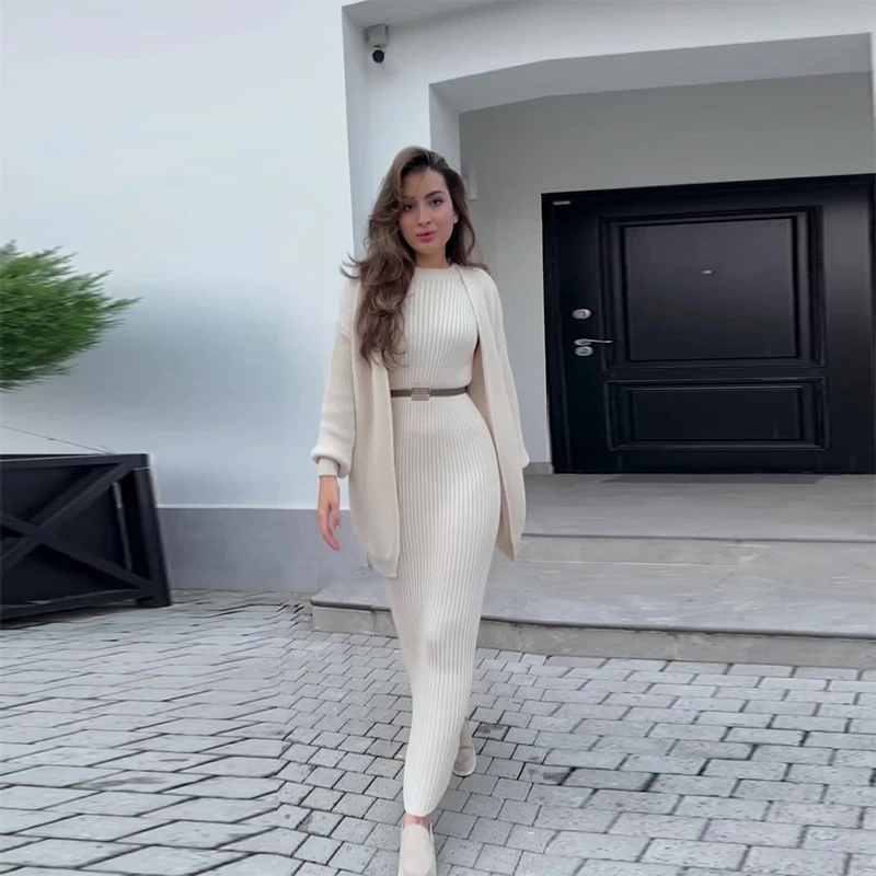 

Ele Pure Color Knitted Long Dr Two Piece Set Women Casual round Ne Long Sve Faion Ensemble Autumn Winter Wear