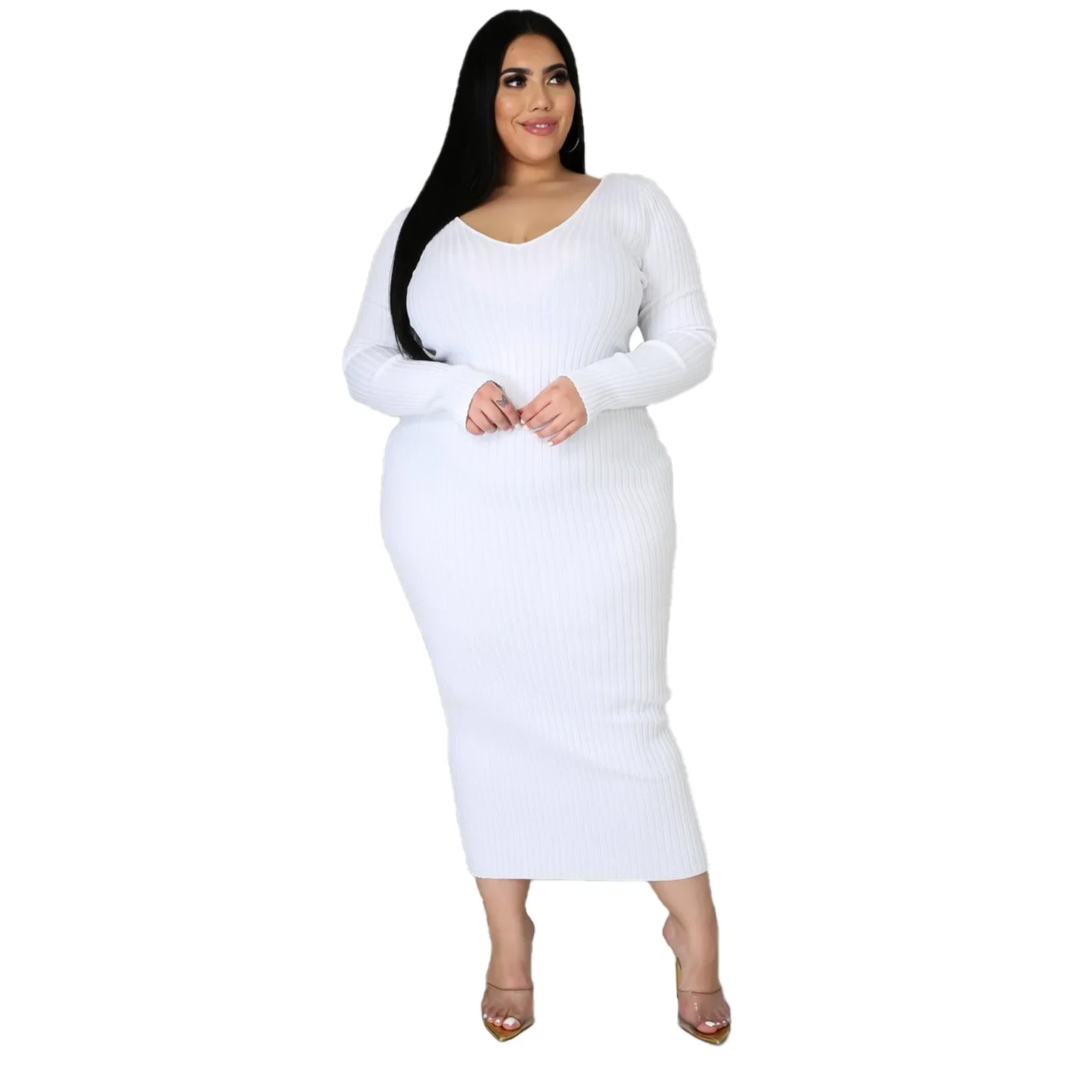 Plus Size Solid Color Long Sleeve Rib Pit Knit Cotton Mid-Calf Dress Women\'s Bottoming Long Dress Sexy Party Club Dresses